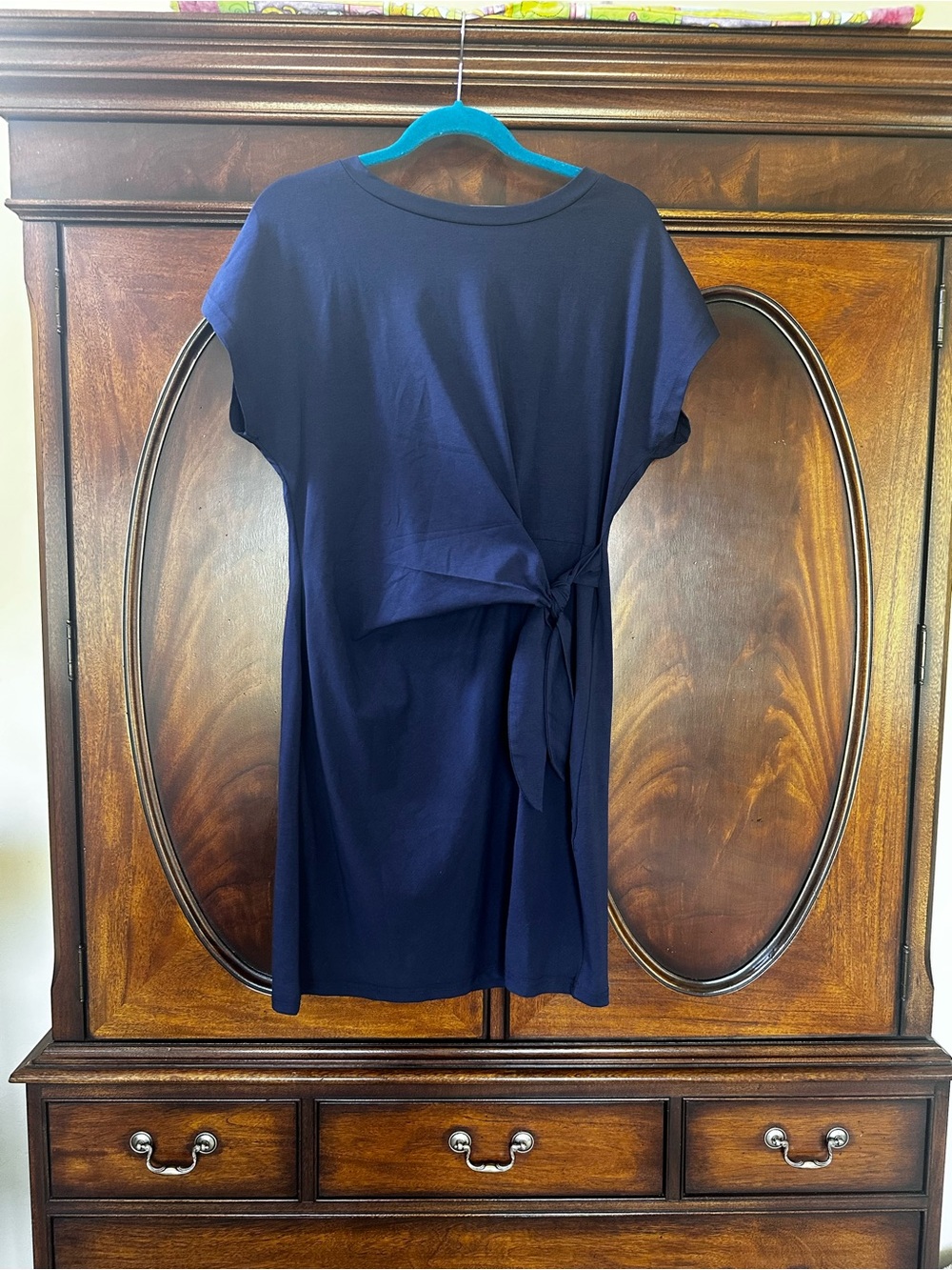 Navy Tie-Front Short Sleeve Women's T-shirt Summer Dress - Large